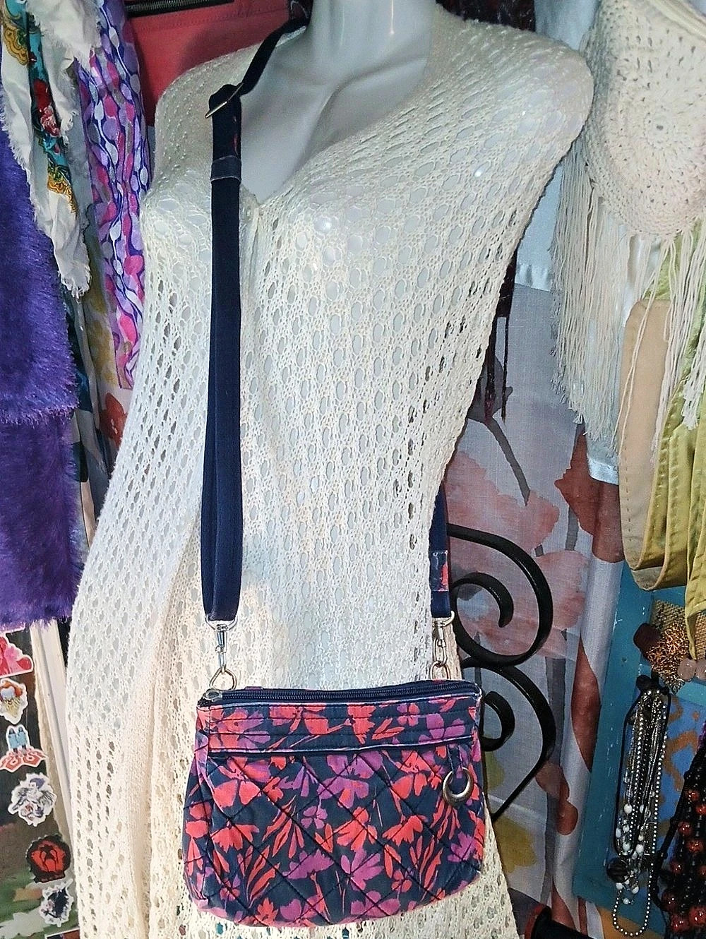 Travelon Floral Quilted Crossbody in Navy Blue, Purple & Coral With Wear